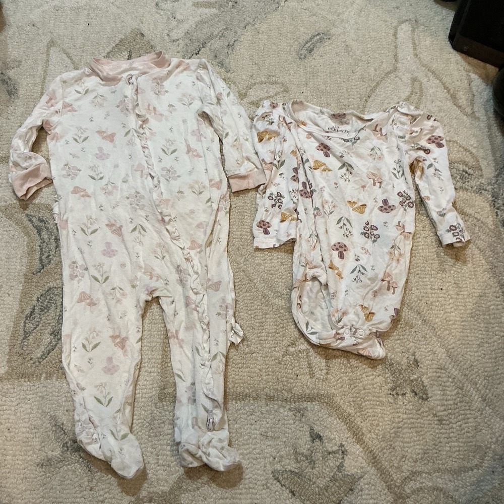 Milkberry Ruffle Butt Footed Sleeper Size‎ 6-9M Baby Girls Pink Floral Mushroom